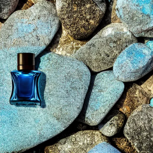 Prompt: perfume bottle sitting on a pile of rocks in the middle of a blue lake, close up shot, upfront, surrounded by tropical leaves, blurred tropical background, softly - lit, soft - warm, zen, light, modern minimalist f 2 0 clean