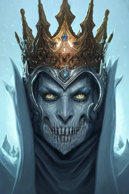 Image similar to highly detailed portrait of an elegant undead lich king, ornate crown, beautiful symmetrical face, glowing skin, digital painting, artstation, concept art, smooth, clear focus, illustration, greg rutkowski, artgerm, global lighting, detailed and fantasy