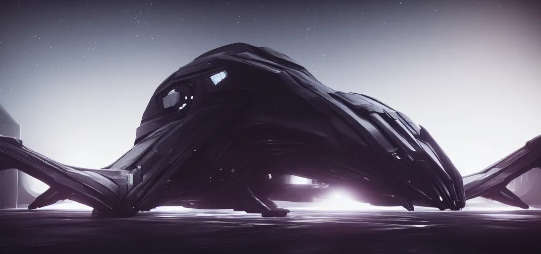 Image similar to dramatic render of exterior of dark futuristic spaceship at night, nebula, ambient occlusion, raytracing, unreal engine, detailed, 3 d artstation by h. r giger and neil blevins