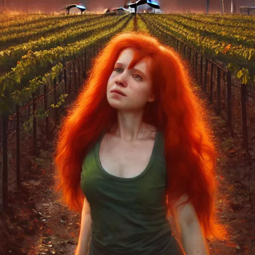 Prompt: red hair girl, chernobyl powerplant!!!, rubble, flowers, vines, hyperrealistic, highly detailed, cinematic, single ray of golden sunlight, beautiful, cgssociety, artstation, 8 k, oil painting by greg rutkowski, by artgerm, by wlop