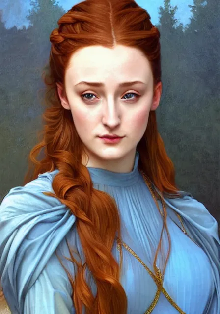 Prompt: sansa stark in blue dress with long hair, intricate, elegant, highly detailed, digital painting, artstation, concept art, smooth, sharp focus, illustration, art by artgerm and greg rutkowski and alphonse mucha and william - adolphe bouguereau