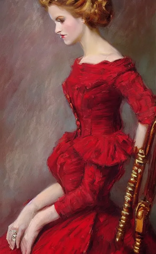 Prompt: Elegant laydy in red victorian dress. By Konstantin Razumov, highly detailded
