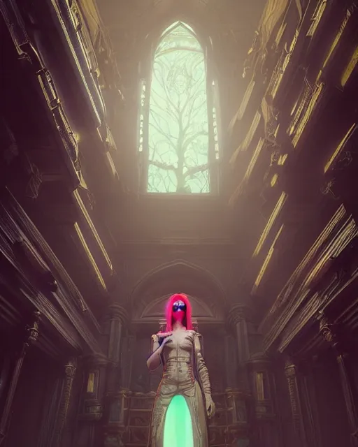 Image similar to highly detailed surreal vfx portrait of a female cyberpunk mage in a majestic castle by golden tree, stephen bliss, unreal engine, greg rutkowski, loish, rhads, beeple, makoto shinkai and lois van baarle, ilya kuvshinov, rossdraws, tom bagshaw, alphonse mucha, global illumination, detailed and intricate environment