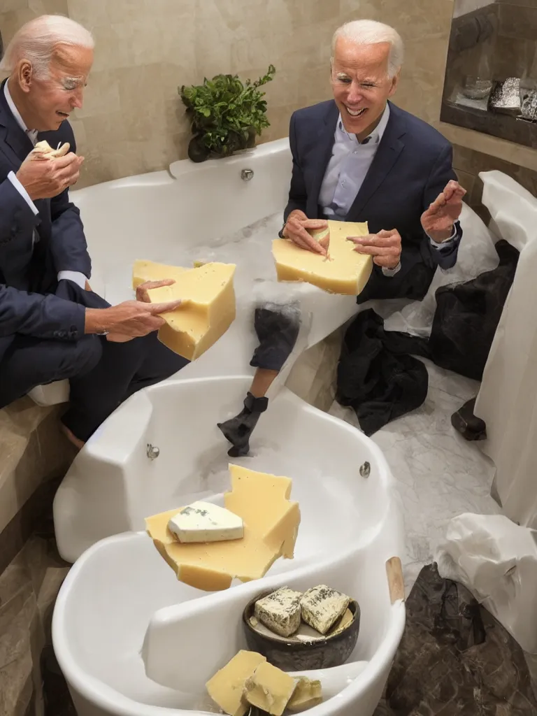 Image similar to Joe Biden eating cheese in a bathtub