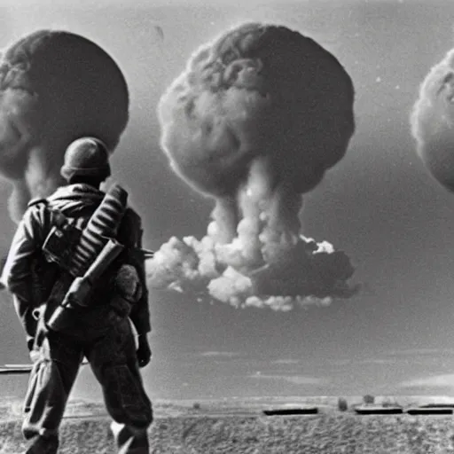 Image similar to minion paratroopers with a nuclear explosion in the background, planes are bombing baghdad