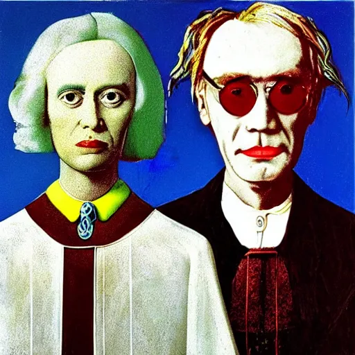 Image similar to salvador dali and andy warhol in the style of american gothic