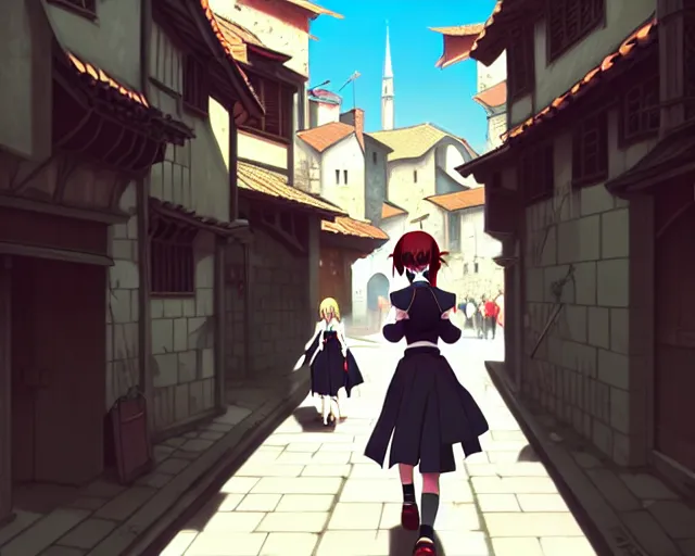 Image similar to anime still frame portrait of a young female walking through a busy medieval village, dynamic pose, dynamic perspective, detailed silhouette, cel shaded anime, ilya kuvshinov