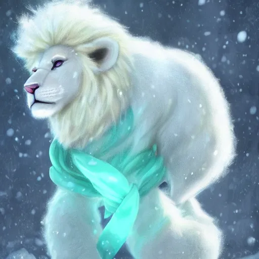 Image similar to aesthetic portrait commission of an albino male furry anthro lion wearing a cute mint colored, cozy, soft pastel winter outfit. winter atmosphere character design by mandy jurgens, irina french, heraldo ortega, rachel walpole, jeszika le vye, and dan volbert.