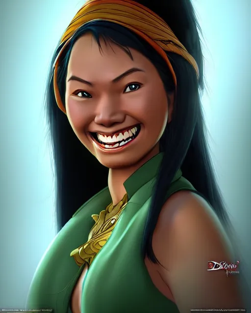Image similar to smiling happy heavy filipina woman character portrait, by don bluth, sci - fi environment, highly detailed, dynamic shadows, 4 k, wallpaper - 1 0 2 4