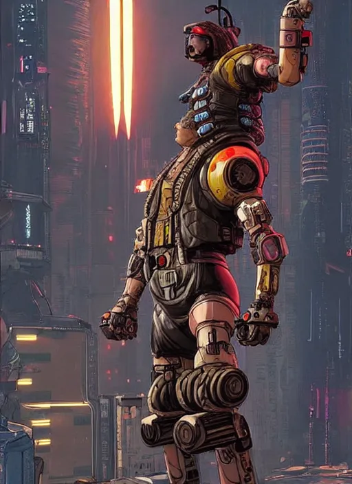 Image similar to hector. apex legends cyberpunk weight lifter with huge robot arms. concept art by james gurney and mœbius. gorgeous face, cinematic, dramatic lighting ( cyberpunk 2 0 7 7 ), clean aesthetic