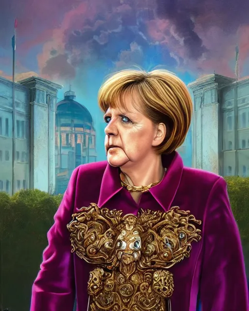 Prompt: portrait of glamor roman god | angela merkel | spike collar | ( ( ( ( toothbrush mustache ) ) ) ) | parliament background | highly detailed | very intricate | professional model | cinematic lighting | painted by donato giancola and mandy jurgens and charlie bowater | bold colors, artdeco, art deco synthwave anime aesthestic, 8 0 s nostalgia | artstation