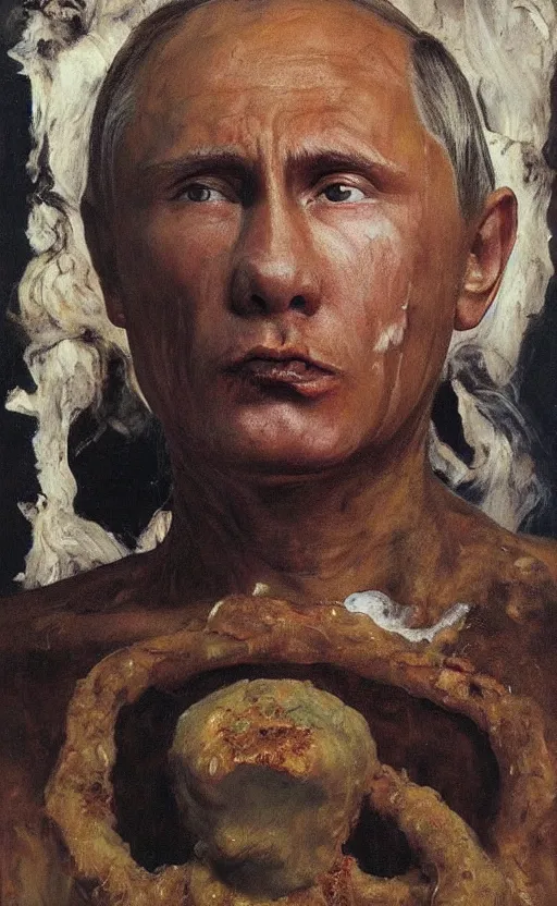 Image similar to Putin devouring used diapers covered in brown substance, Putin portrait, brown liquid dripping down mouth, face of fear, ugly body painted by Lucian Freud, Ilya Repin