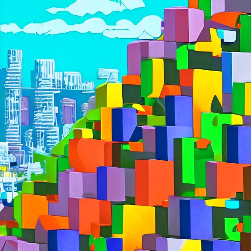 Prompt: futuristic city on a mountainside, colorful city, q - bert blocks, colorful blocks on hillside, 3 d blocks, cel - shading, cel - shaded, 2 0 0 1 anime, bright sunshine