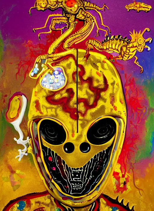 Image similar to expressionistic decollage painting golden armor alien zombie ghost rider in medical mask on a translucent bone maggot dragon broken rainbow diamond horse in a meadow with colorful mushrooms and golden foil toad blobs in a golden sunset painted by adrian ghenie, francis bacon, daniel richter and hilma af klint, pixel art, buff painting, color field painting, low effort graffiti, rich deep colors, semi naive. Mark Rothko painting, part by Philip Guston and Frank Stella art by Barnett Newman, 8k, extreme detail, intricate detail, masterpiece