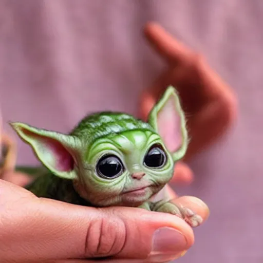 Image similar to a tiny pigmy baby yoda-kitten hybrid in the palm of a person's hand, super cute