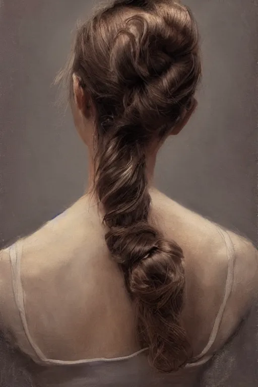 Image similar to girl with messy bun hairstyle, back view, tattoo sleeve, jeremy lipking, joseph todorovitch