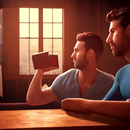 Image similar to cinematic scene with attractive male and another attractive male, shorts, drinking their hearts out, in the pub, high definition, very detailed, volumetric lighting, still frame