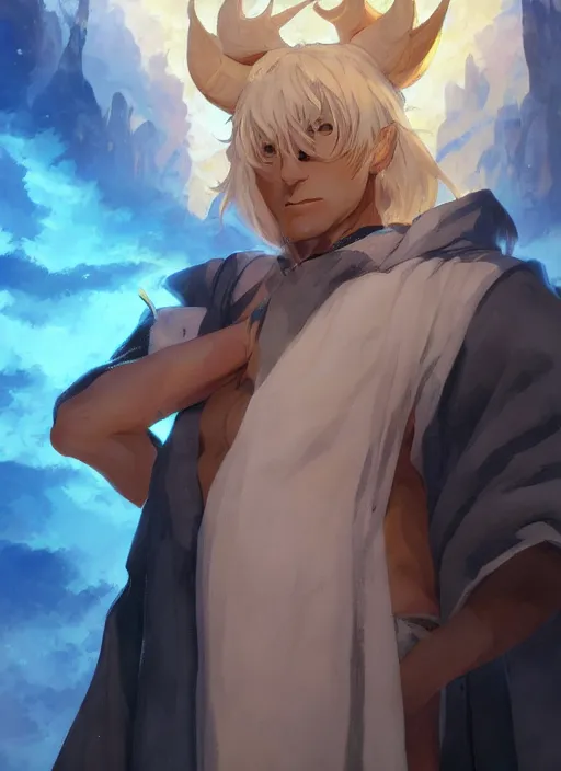 Image similar to concept art painting of a tan person with short white hair, demon horns, white freckles, and blue robes, detailed, cel shaded, in the style of ruan jia and artgerm and makoto shinkai and james gurney