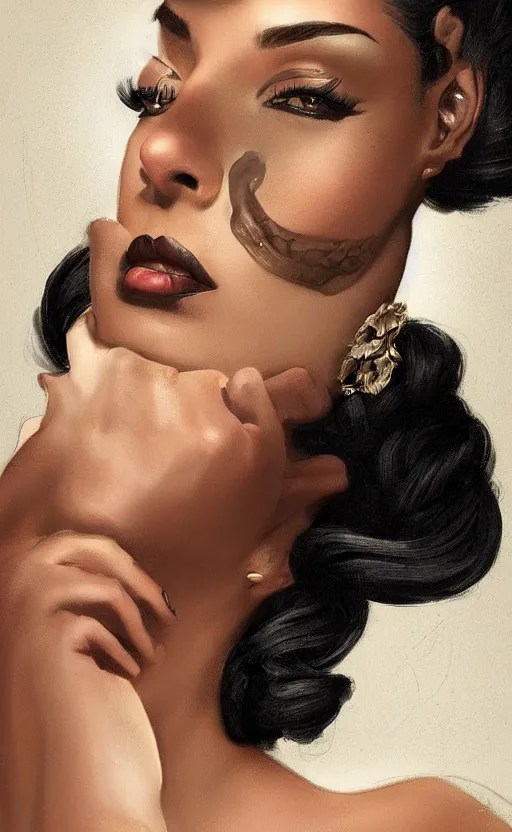 Image similar to a portrait of an attractive young Black female, clothed like a 1940s femme fatale, intricate, elegant, highly detailed, digital painting, film noir lighting, trending on artstation, concept art, smooth, sharp focus, illustration, art by artgerm and greg rutkowski and alphonse mucha