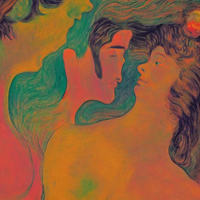 Prompt: close portrait of woman and man kissing. icy mountains far away. aurora borealis. iridescent, vivid psychedelic colors. painting by munch, agnes pelton, egon schiele, henri de toulouse - lautrec, utamaro, monet