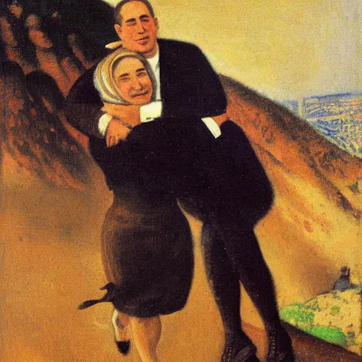 Image similar to Benjamin Netanyahu carrying Sara Netanyahu on his shoulders up a black mountain, wide shot, by Franz Stuck