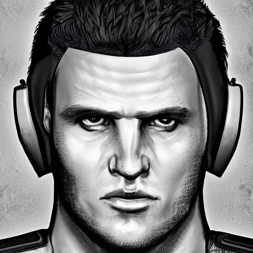 Image similar to Bust Portrait of David Bates from Starset in a sci fi uniform with a BMI on his temple; hyper realistic, high detail, artstation, deviantart