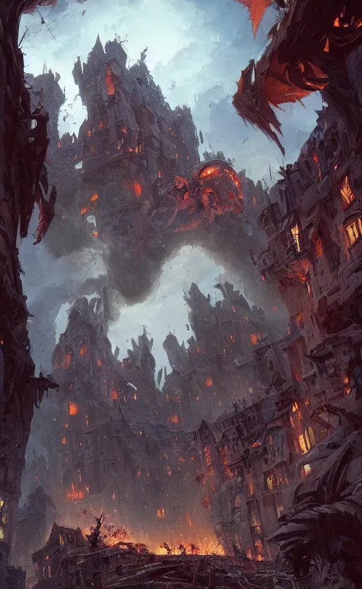 Prompt: a beautiful artwork illustration, a giant monster stepping on a medieval village, destruction, by Greg Rutkowski and Jesper Ejsing and Raymond Swanland, featured on artstation, wide angle, vertical orientation