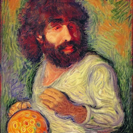 Image similar to caveman with a tinfoil hat, divination ball, portrait by monet