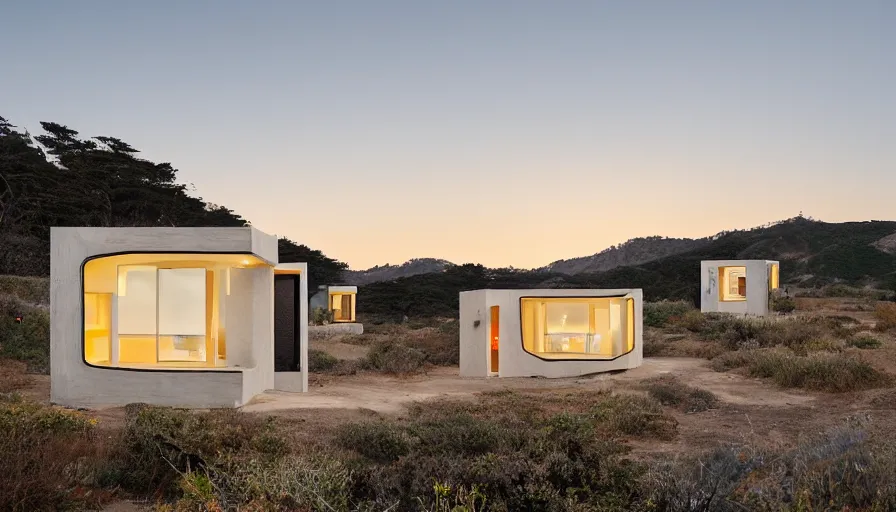 Prompt: An architectural rending of an eco-community of contemporary 3D printed sea ranch style cabins with rounded corners and angles, beveled edges, made of cement and concrete, organic architecture, on the California coastline with side walks, parks and public space , Designed by Gucci and Wes Anderson, golden hour