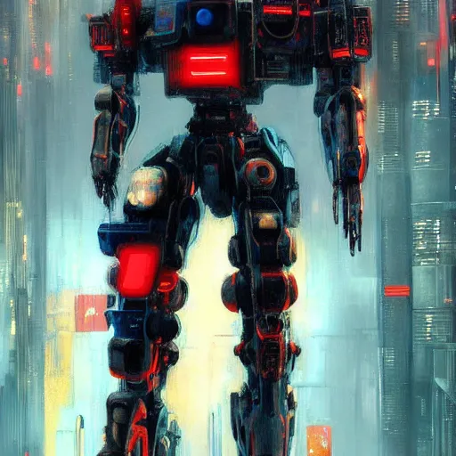 Image similar to arasaka mech, cyberpunk, art by jeff catherine jones, red and blue neon