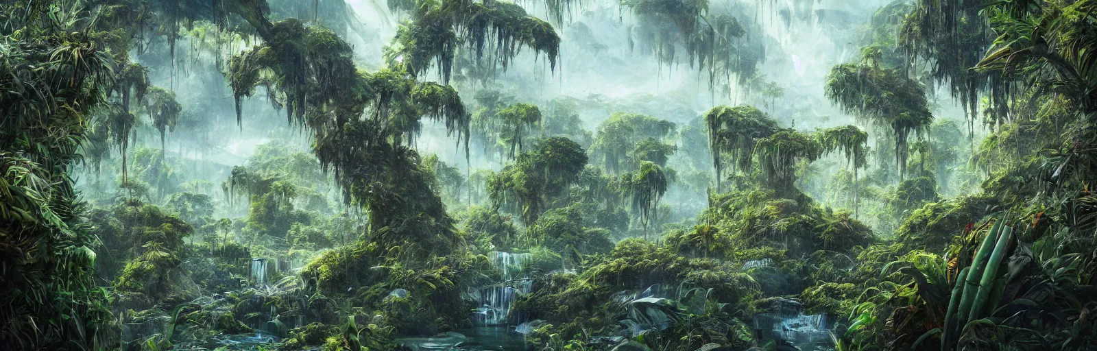 Prompt: painting of a jungle frozen over!! scene on an alien planet by vincent bons. ultra sharp high quality digital render. detailed. beautiful landscape. weird vegetation. water.