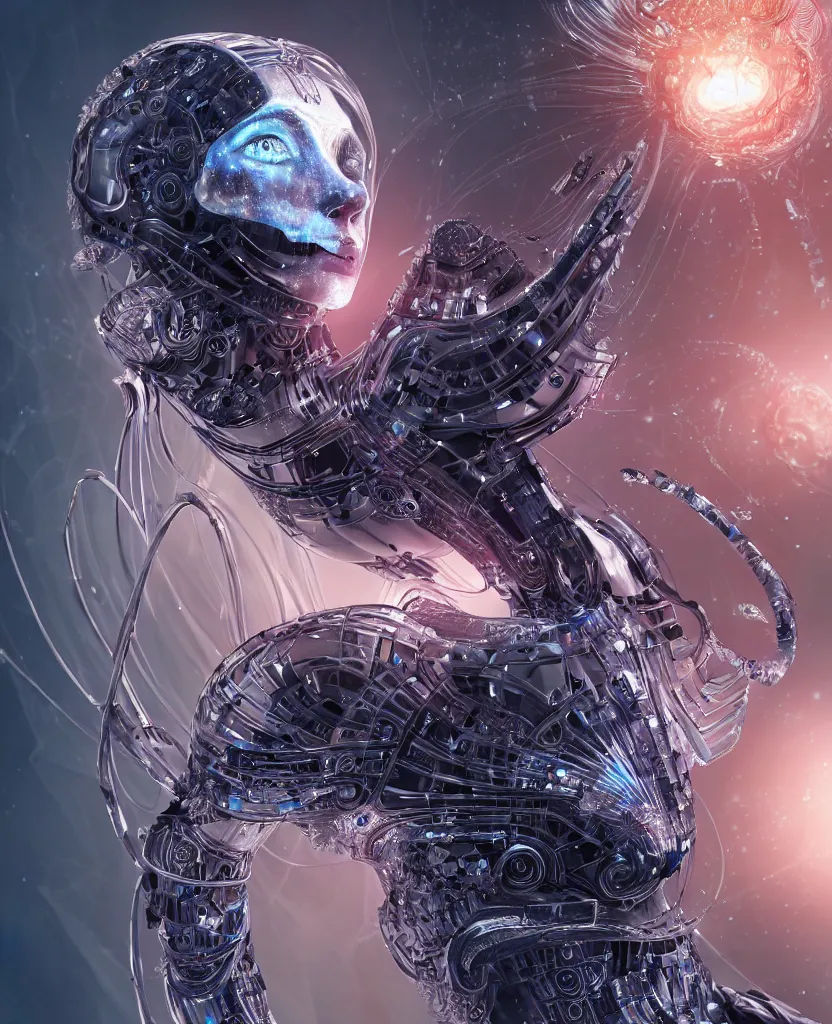 Image similar to epic futuristic ancient close-up macro portrait of the face of a beautiful princess, epic angle and pose, symmetrical artwork, 3d with depth of field, blurred background, cybernetic jellyfish crystal, obsidian, female face skull phoenix bird, translucent, nautilus, energy flows of water and fire. a highly detailed epic cinematic concept art CG render. made in Maya, Blender and Photoshop, octane render, excellent composition, cinematic dystopian brutalist atmosphere, dynamic dramatic cinematic lighting, aesthetic, very inspirational, arthouse. y Greg Rutkowski, Ilya Kuvshinov, WLOP, Stanley Artgerm Lau, Ruan Jia and Fenghua Zhong