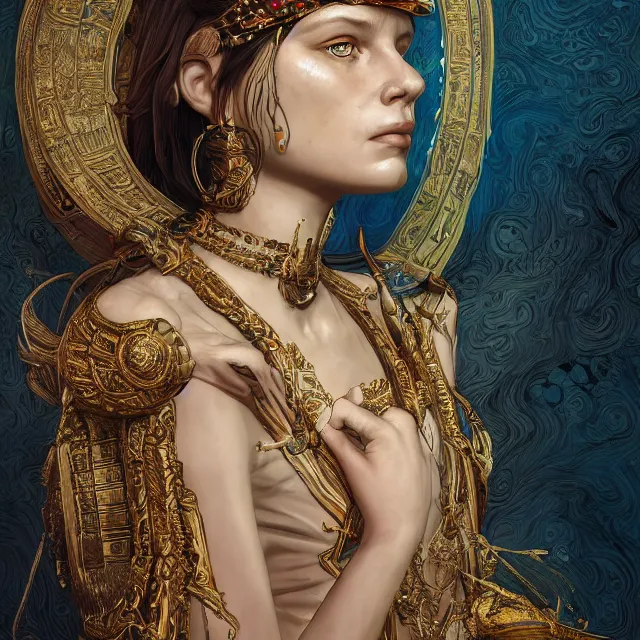 Image similar to the portrait of the cleopatra personified as charlotte de witte, absurdly beautiful, graceful, elegant, sophisticated, young woman, an ultrafine hyperdetailed illustration by kim jung gi, irakli nadar, intricate linework, bright colors, octopath traveler, final fantasy, unreal engine 5 highly rendered, global illumination, radiant light, detailed and intricate environment