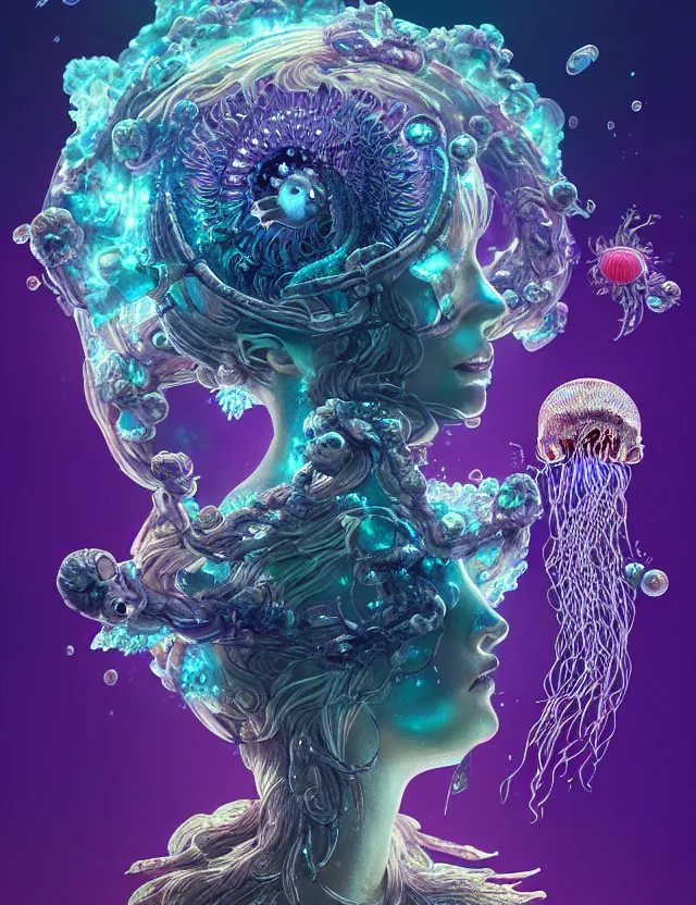 Image similar to goddess macro shouler portrait from bottom to top in crown made of ram skull. betta fish, jellyfish phoenix, bioluminiscent, plasma, ice, water, wind, creature, super intricate ornaments artwork by tooth wu and wlop and beeple and greg rutkowski and alexander fedosav