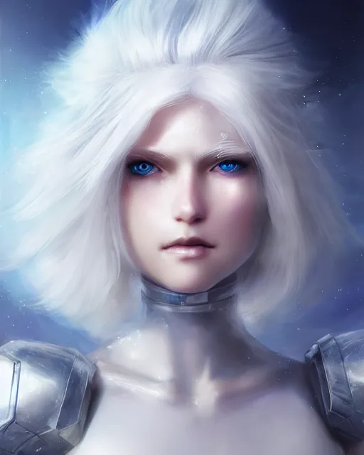 Image similar to perfect white haired girl, ethereal armor, beautiful, pretty face, blue eyes, detailed, windy weather, scifi, platform, laboratory, experiment, 4 k, ultra realistic, epic lighting, high detail, masterpiece, by akihito tsukushi, charlie bowater, ross tran