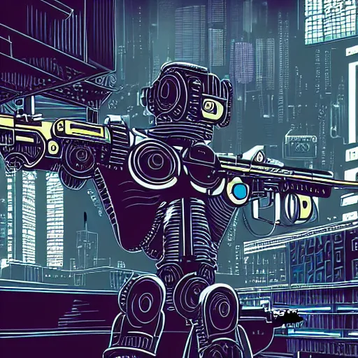 Image similar to detailed, intricate illustration of robot jesus shooting a gun in a cyberpunk city