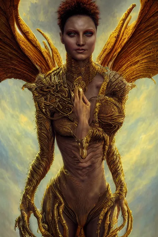 Prompt: a stunning ultra detailed fantasy fine art portrait photo of a na'vi goddess from avatar movie with dragon wings, by karol bak, tom bagshaw and anna dittman, arms made of dragon skin, golden ratio composition, 2 4 m lens, deep depth of field, perfect eyes and face, soft lighting, artstation, 8 k