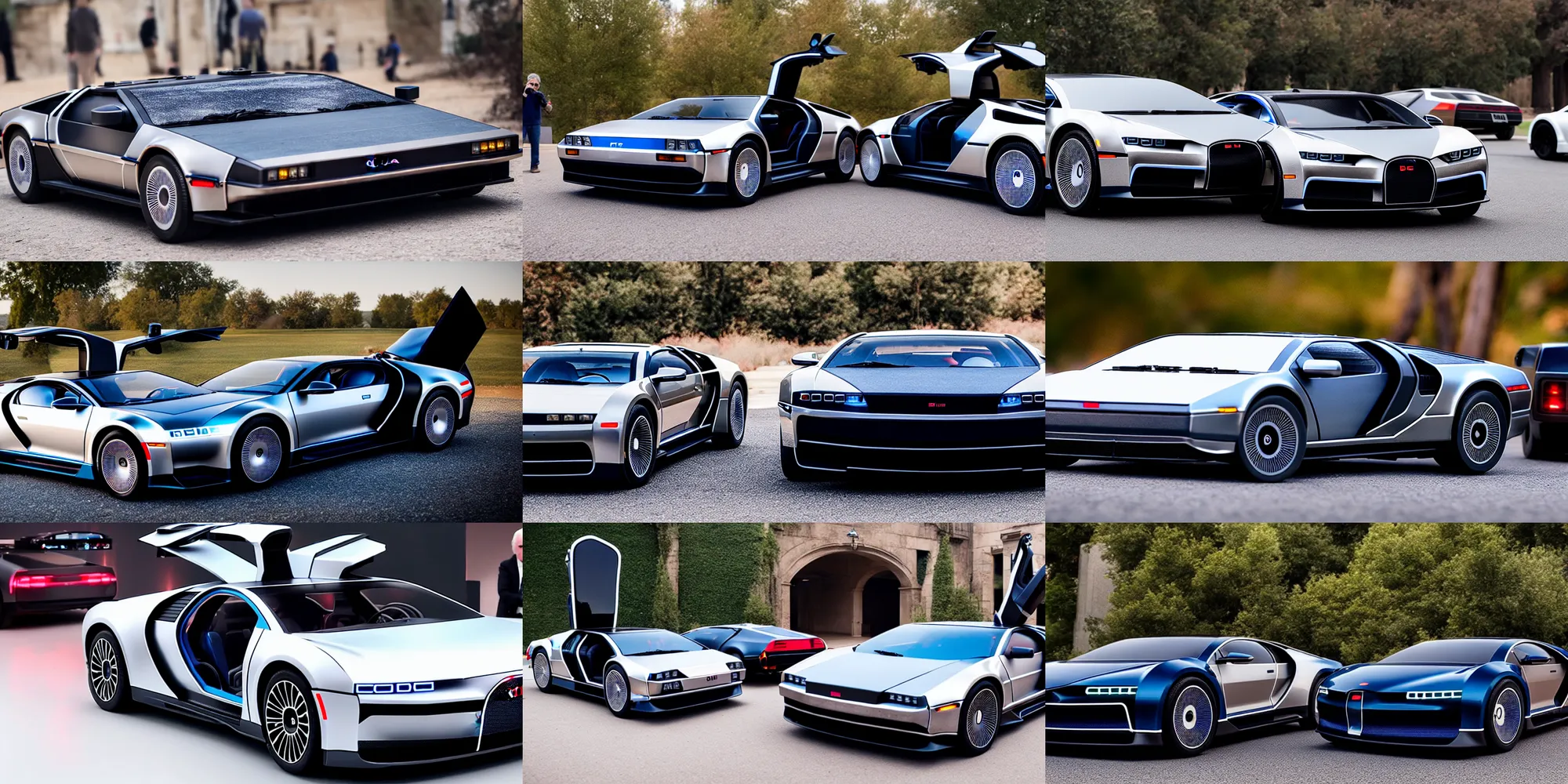 Image similar to a single delorean and bugatti chiron model 3 hybrid, dslr