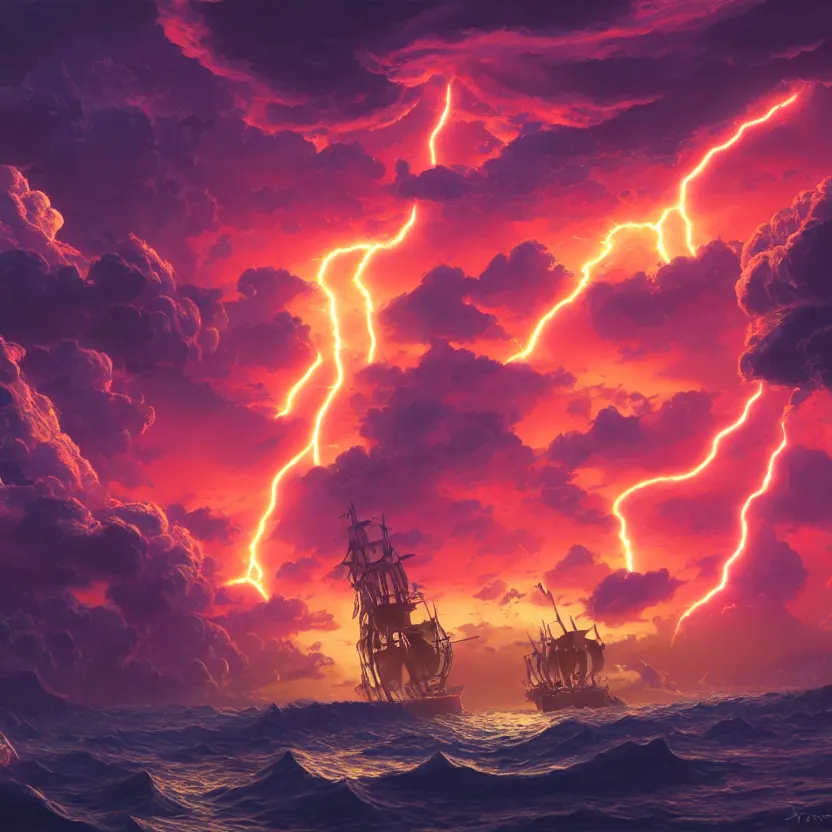 Image similar to treasure planet, clouds, pirate ship!, lava, lightning, beautiful lighting, vivid colors, intricate, elegant, smooth, sharp focus, highly detailed digital painting, concept art, cinematic, unreal engine, 4 k wallpaper, art by syd mead, terada katsuya, atey ghailan, svetlin velinov, cgsociety, artstation trending