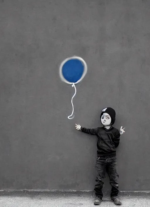 Image similar to A black and white graffiti of boy holding a single dark blue balloon on a concrete background in the style of Banksy, graffiti, digital art