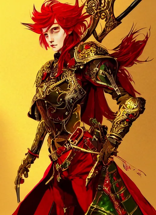 Image similar to Full body portrait of a handsome young red haired elven princess warrior wearing red, green and gold ornate leather jacket, golden tiara and an axe. In style of Yoji Shinkawa and Hyung-tae Kim, trending on ArtStation, dark fantasy, great composition, concept art, highly detailed.