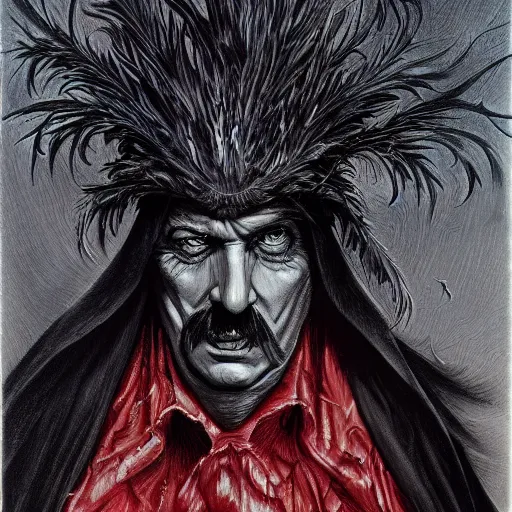 Prompt: vincent price as billionaire howard hughes in long black feathered cloak, black hands tipped with black claws, feathers growing out of skin, being abusive and angry, vivid, mike mignogna, illustration, highly detailed, rough paper, dark, oil painting