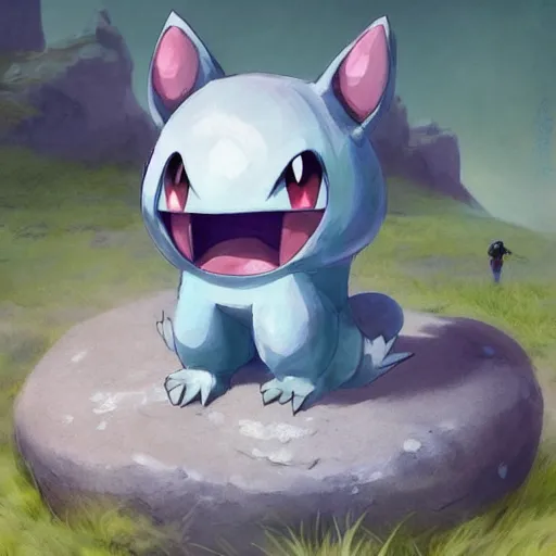 Image similar to a cute beautiful stone type pokemon with beautiful happy smile, full body portrait, highly detailed digital art, 3 d perspective, award - winning illustration, aesthetic, smooth, pokemon style, made by greg rutkowski, with an alien landscape in the background