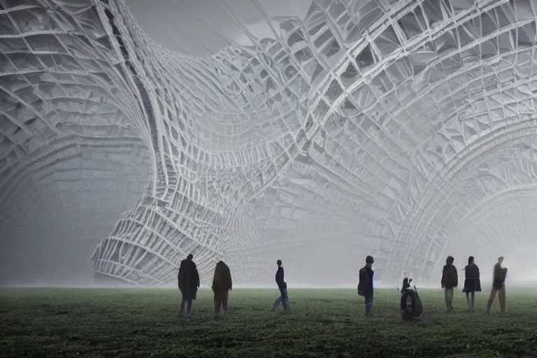 Prompt: tourists taking photos of a complex organic fractal 3 d ceramic megastructure, cinematic shot, foggy, photo still from movie by denis villeneuve