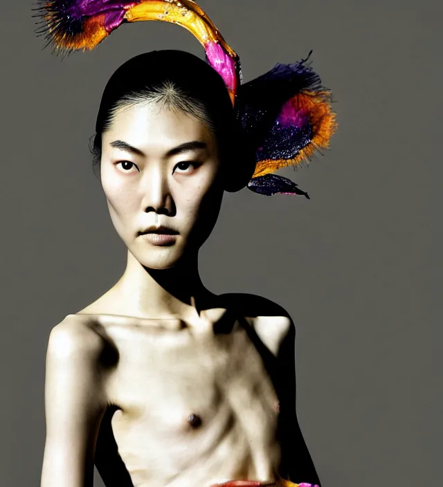 Image similar to photography american portrait of liu wen, natural background, sensual lighting, natural fragile pose, wearing stunning dress by iris van herpen, with a colorfull makeup. highly detailed, skin grain detail, photography by paolo roversi, nick knight, helmut newton, avedon, araki