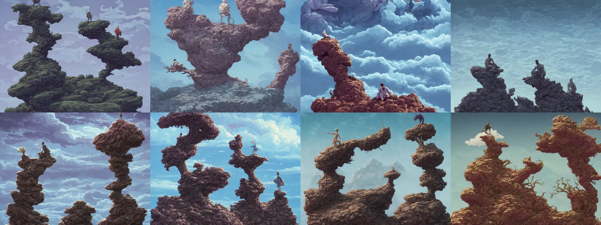 Prompt: a prince meditating on the top of a pile of rocks, a dead tree and swirly clouds in the background, art by James Jean and Wayne Barlowe and moebius, high details , cinematic, cgsociety 8k