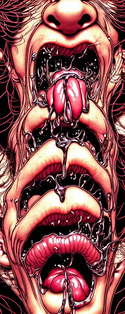 Prompt: closeup of face melting in agony with tongue, inside a frame on a tiled wall, frontal picture, by yoichi hatakenaka, masamune shirow, josan gonzales and dan mumford, ayami kojima, takato yamamoto, karol bak