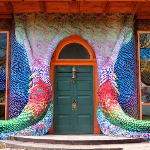 Image similar to The exterior of the house is covered in colorful scales, inspired by a dragon. The windows are large and oval-shaped, like a dragon's eyes. There are two big doors that resemble a dragon's mouth, flanked by two columns that look like horns. photo.