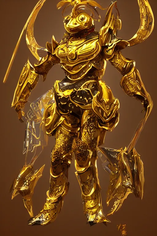 Image similar to a new golden armor zodiac Knight by tatsuya Yoshikawa artist Rendering the frog constellation armor . full of details, by utsurowazaru mono and jet set radio , Matte painting, trending on artstation and unreal engine