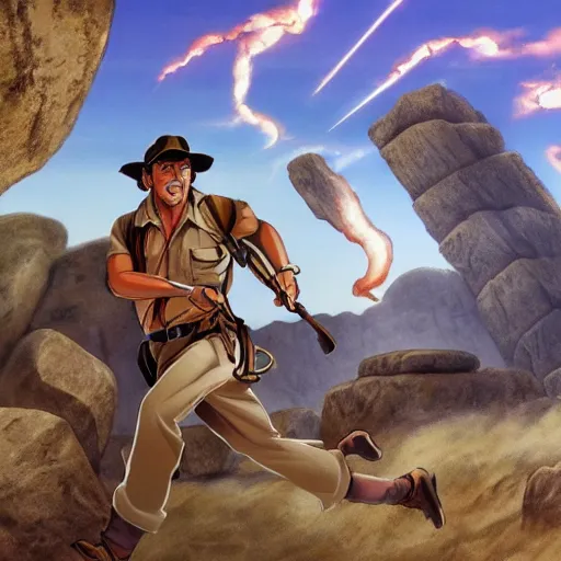 Image similar to Indiana Jones being chased by a boulder trap, boulder chase, underground ancient stone temple background, Indiana Jones running away from big round stone, raiders of the lost ark, detailed background, anime key visual